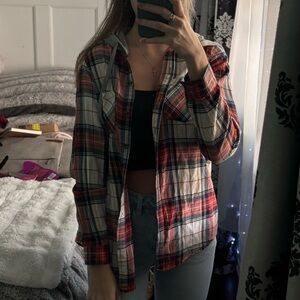 Plaid Button-Up Shirt - Red and White